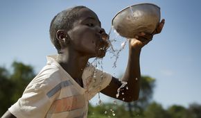 Ein junge trinkt Wasser aus einer Schale.