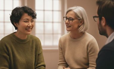 Drei Personen im Gespräch. KI generiertes Bild.